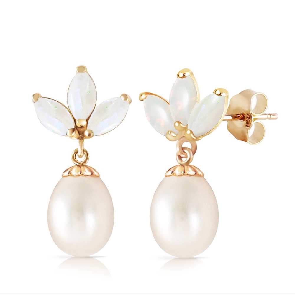 14K. SOLID GOLD DANGLING EARRING PEARLS & OPALS - Picture 1 of 6